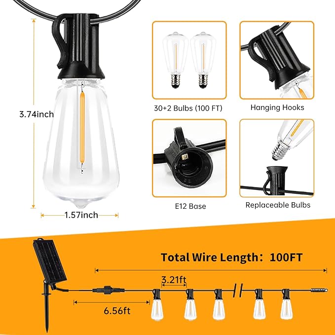 100FT Solar String Lights Outdoor Waterproof, 32 Shatterproof with Edison Bulbs,Solar Powered Outdoor Lights with Remote, LED String SolarLights for Garden, Backyard, Parties