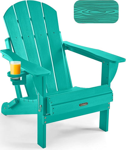 Ciokea Folding Adirondack Chair Wood Texture, Patio Adirondack Chair Weather Resistant, Plastic Fire Pit Chair with Cup Holder, Lawn Chair for Outdoor Porch Garden Backyard Deck (Lake Blue)