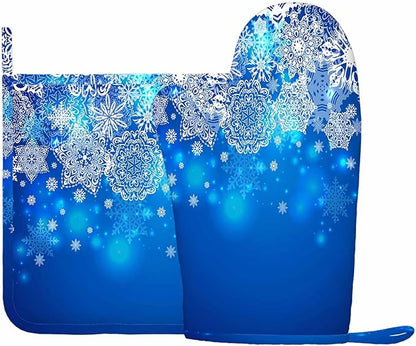 Mxocom Snowflake Oven Mitts and Pot Holders Sets Blue and White Background Silicone Heat Resistant Kitchen Oven Gloves Pot Holder for Cooking