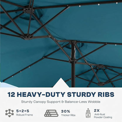 15FT Large Outdoor Patio Umbrella with Solar Lights and Base, Double-Sided Table Umbrellas with 48 LED Lights, Rectangle Market Umbrella for Pool, Deck, Backyard
