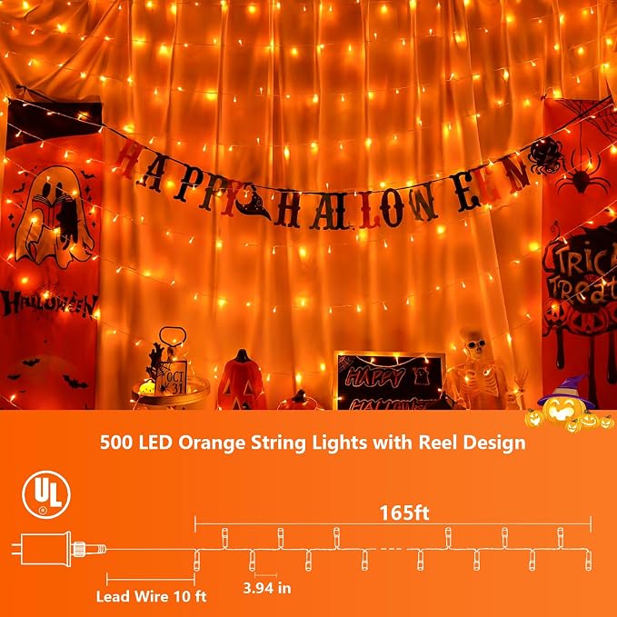 YEGUO 165ft 500 LED Orange Halloween String Lights, Clear Wire Christmas String Lights Indoor, 8 Modes Twinkle Tree Lights Plug in with Timer Memory.
