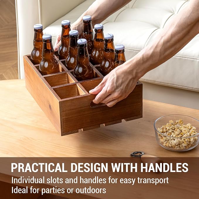 MyGift Rustic Brown Wood Bottle Storage Crate - Wooden Beer Holder Box, Bottled Beverage Serving Caddy with Carrying Handles, 12 Individual Slots