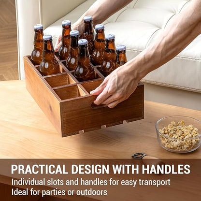 MyGift Rustic Brown Wood Bottle Storage Crate - Wooden Beer Holder Box, Bottled Beverage Serving Caddy with Carrying Handles, 12 Individual Slots