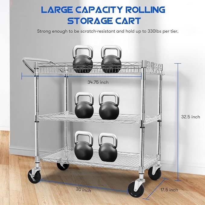 YNN Chrome Utility Rolling Cart,990Lbs 3 Tier Heavy Duty Metal Cart with Wheels & Handle NSF Wheeled Cart 31" D x 18" W x 33" H for Bedroom, Bathroom, Kitchen,Garden,Decor,Serving