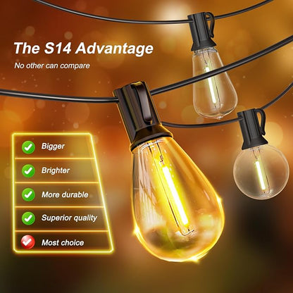 CABOCASA Outdoor String Lights 100FT for Outside Patio Lights with 50+2 Shatterproof S14 LED Dimmable Bulb, Outside Hanging Light Waterproof for Porch Garden Fences Backyard Balcony Pathways 2700K