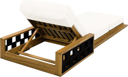 Merax Acacia Wood Patio Chaise Lounge with 4-Position Adjustable Backrest, Outdoor Sunbathing Recliner Chair & 4" Thick Four-fold Cushion for Poolside, Garden, Backyard, Patio, Cream
