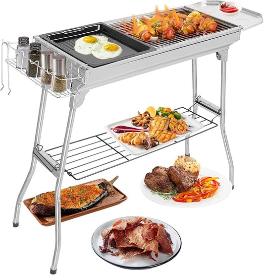 Karl home Portable Charcoal Grill, 39 x 12x 28" Foldable Barbecue Grill, Stainless Steel BBQ Grill for Cooking Outdoor Camping Garden Beach Party Hiking Picnic(Large)