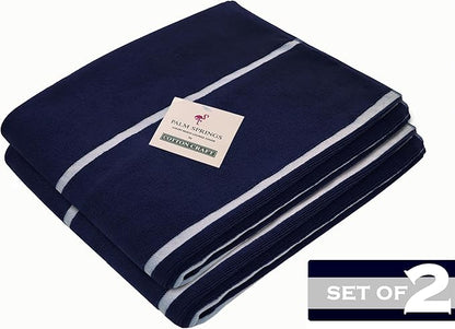 COTTON CRAFT Pool Lounge Chair Cover - 2 Pack Terry Towel Chaise Lounge Cover - Soft Cotton Absorbent Horizontal Stripe Beach Chair Towel - Oversized 32 W x 82 L x 7 inch Pocket - 450 GSM - Blue