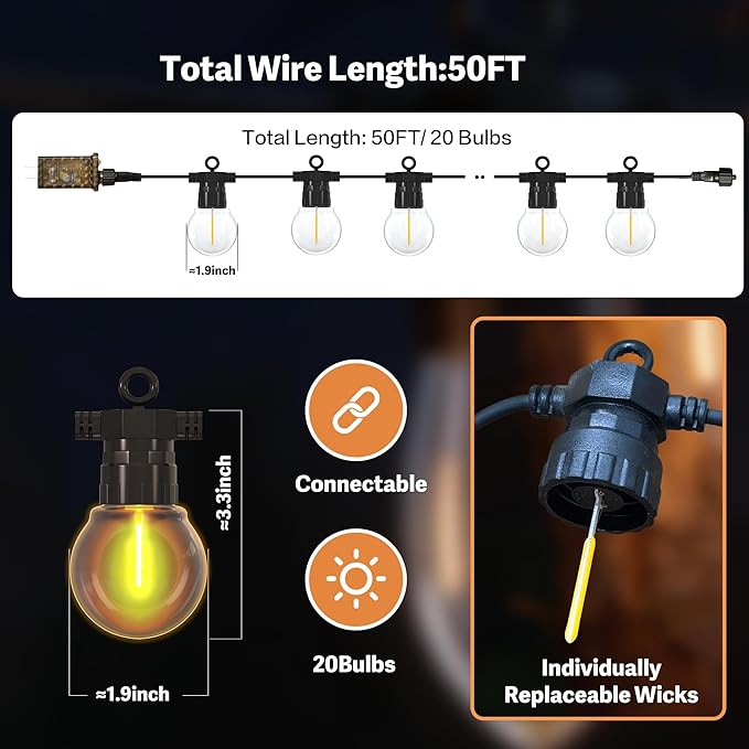 50FT Outdoor String Lights with Remote, 20 Dimmable Shatterproof LED G50 Bulbs, Waterproof Patio & Backyard Lights for Pergola, Deck, Garden, Bistro, Commercial Grade Hanging Lights