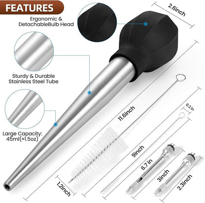 SCHVUBENR Large Turkey Baster with Cleaning Brush & Needle - Stainless Steel Baster Tool for Cooking - Easy to Use and Clean - Heavy Duty Baster Syringe - Thanksgiving, Christmas Essentials - Black