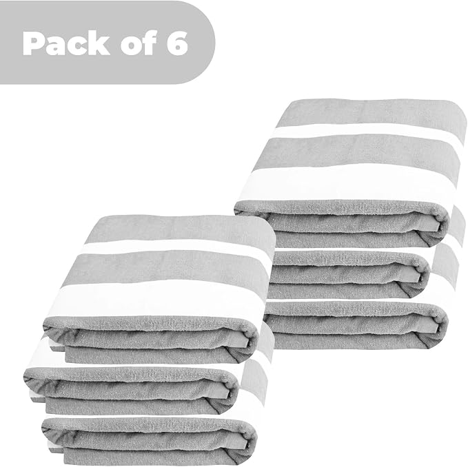 Superior Cabana Cotton Lounge Chair Cover, Outdoor Towel/Chaise Furniture Covers, Terry Cloth, Beach, Spa, Swim Accessories, Pool Chair Cover, Soft, Quick Drying, 32" x 102", Set of 6, Light Grey