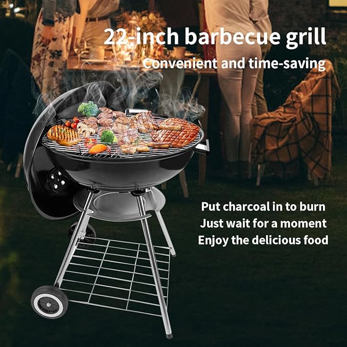 Charcoal Grill - portable BBQ Grill with adjustable air vent, wheels, hanlde - Charcoal Kettle Grill for outdoor, camping, backyard, picnics, party parties