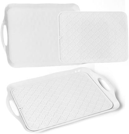 LEHAHA Large White Melamine Serving Tray with Handles,17.5 x 12 in Rectangular Melamine Serving Platter, Set of 2, Dishwasher Safe Trays for Eating, Appetizer, Charcuterie, Slicon Mats Included