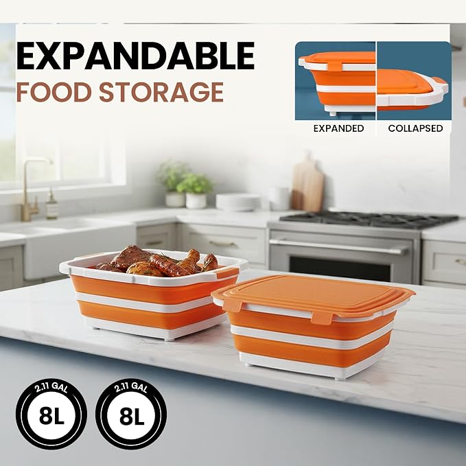 BBQ Prep Tub 2 Pack (8L+8L) - Multifunctional Collapsible Camping Cutting Board with Upgraded Locking Lid, Meal Prep Meat Storage Container Perfect for Grilling, Outdoor Cooking (Large x 2)