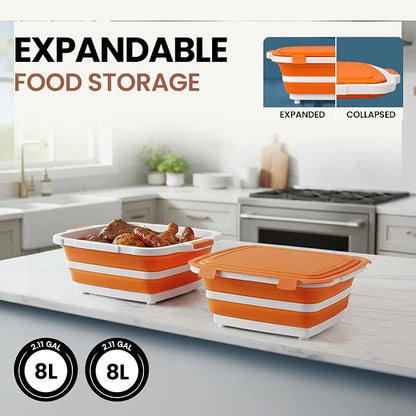 BBQ Prep Tub 2 Pack (8L+8L) - Multifunctional Collapsible Camping Cutting Board with Upgraded Locking Lid, Meal Prep Meat Storage Container Perfect for Grilling, Outdoor Cooking (Large x 2)