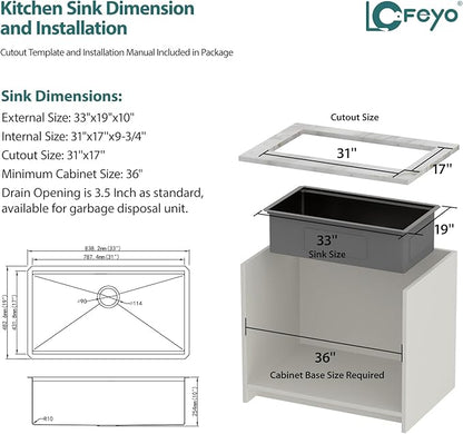 33x19 Inch Black Undermount Kitchen Sink Workstation Nano Coating 304 Stainless Steel 16 Gauge Handmade Under Counter Single Bowl Deep Kitchen Sink Basin,LOF-B9986