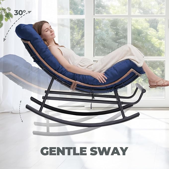 COMHOMA Outdoor Rocking Papasan Chair, Oversized Wicker Patio Rocker, Indoor Comfy Wicker Reading Lounge, Bed-Like Comfort Egg Chair for Bedroom,Balcony, Porch, Garden, Blue