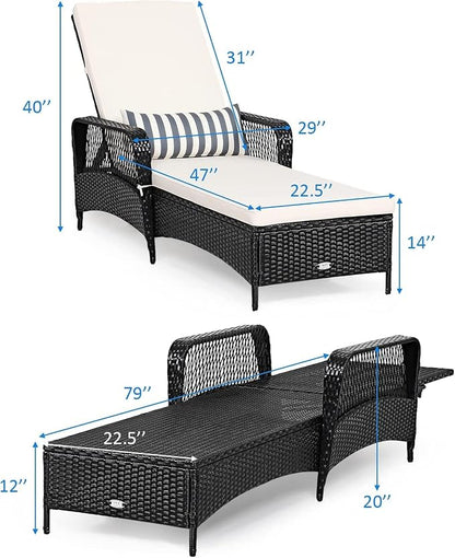 HAPPYGRILL Patio Chaise Lounge Chair Outdoor Rattan Wicker Recliner with Thick Cushion, Lumbar Pillow, Adjustable Backrest for Garden Porch Lawn Poolside