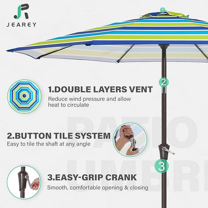 JEAREY 9' 2-Tiers Patio Umbrellas Outdoor Table Market Umbrella w/Push Button Tilt/Crank, 8 Sturdy Ribs, UV Protection Waterproof Sunproof(Blue Green Striped)