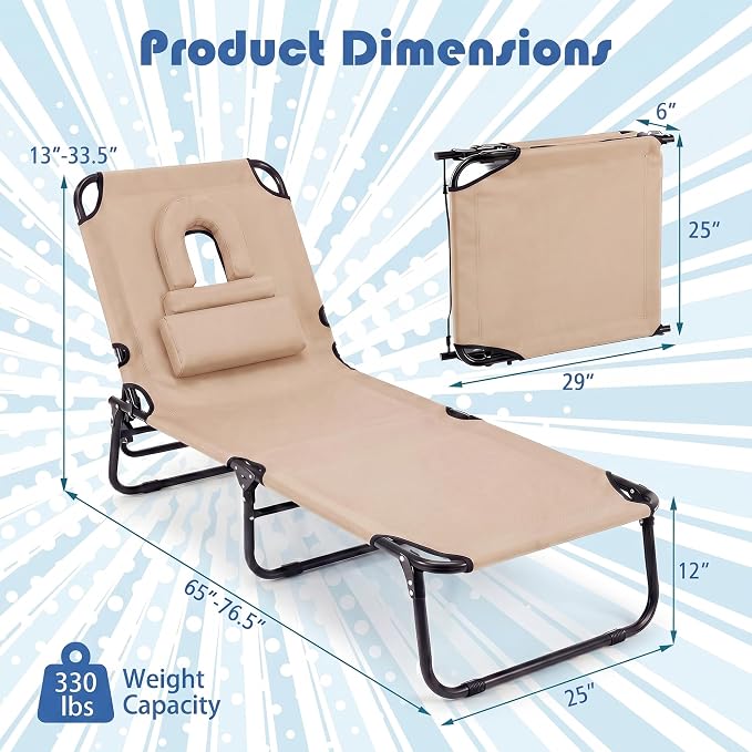 Goplus Tanning Chair, Folding Beach Lounge Chair with Face Hole, Removable Pillow, Carry Strap, Position Adjustable, Sunbathing Chair, Portable Outside Lounge Chair for Patio Pool