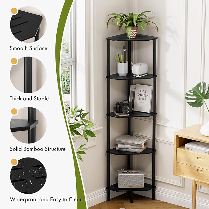 Black Corner Shelf, Industrial 5-Tier Corner Bookshelf, Plant Display Shelf, Free Standing Shelf Storage Organizer, Small Bookcase for Small Spaces, Bedroom, Living Room, Office, Kitchen