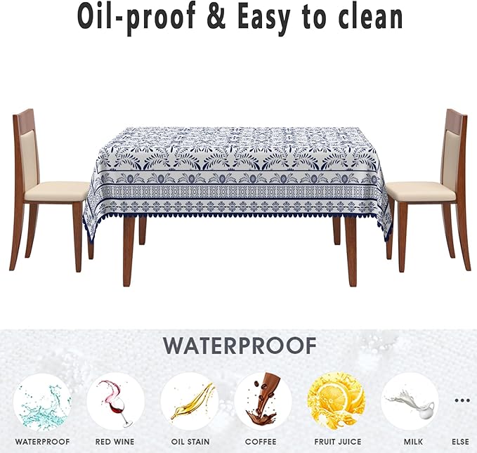 Ethnic Floral Oblong Table Cloths 52x70 Inch Blue Flowers Plants Chic Wrinkle Oil-Proof Resistant Table Cover Folk Style Tablecloths for Indoor Outdoor Kitchen Dining Tabletop Decoration