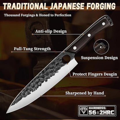 Golden Bird Japanese Chef Knife Set with Roll Bag, Hand Forged Butcher Knife Set for Meat Cutting, Outdoor BBQ Knives for Men, Christmas Gifts for Men Women