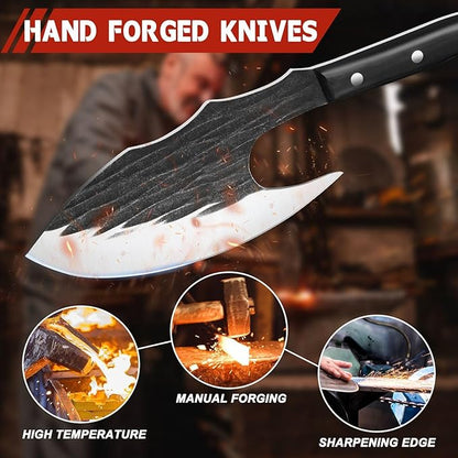 TIJERAS Butcher Knife Set For Meat Cutting, 3PCS Hand Forged Camping Knife Set With Ergonomic Handle, High Carbon Steel Meat Bone Cleaver for Kitchen Camping BBQ, Birthday Gifts for Men Women