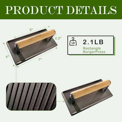 2.1lb Steak Weight & Burger Press, Striped Base, 7"X4" Rectangle Heavy Duty Cast Iron Grill Press with Wood Handle for Blackstone, Chef, Camp, Panini, Vegetable, Bacon, Sandwich, BBQ
