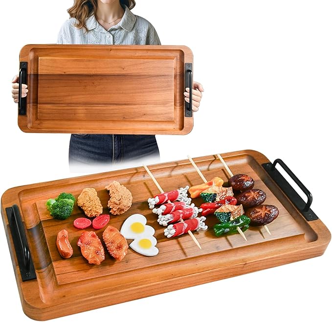 Large Wooden Charcuterie Board with Handles Long BBQ Serving Tray Platters | Rectangular Meat Cutting Board with Juice Grooves for Party Appetizers,Home & Outdoor Housewarming Gift 23.6x11.8x1.1”
