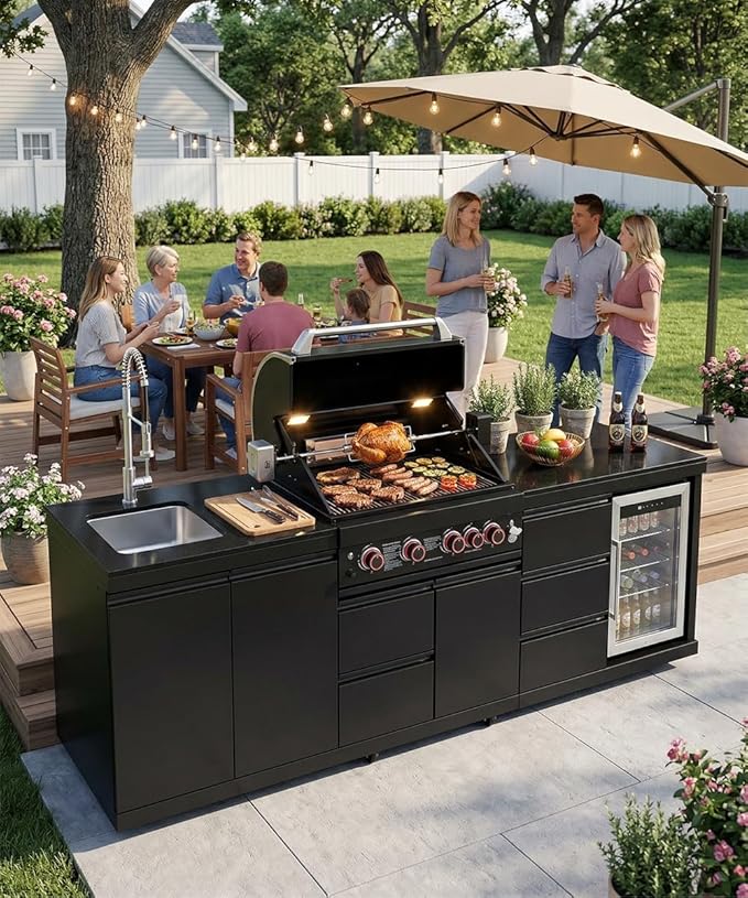 BBQ Outdoor Kitchen Island Grill Barbecue Modular Patio Kitchens Kits with Electric Rotisserie, Sink, fridge, and Burner for More than 10 People