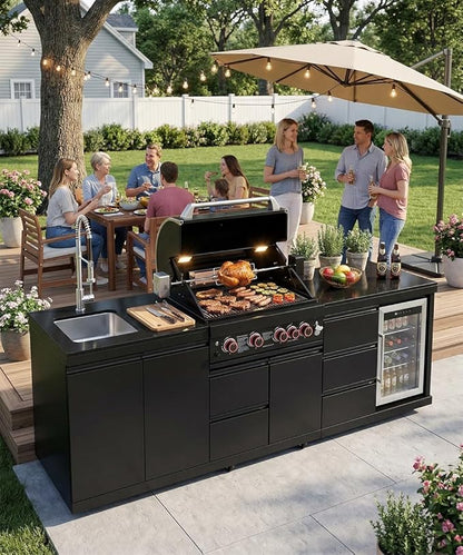 BBQ Outdoor Kitchen Island Grill Barbecue Modular Patio Kitchens Kits with Electric Rotisserie, Sink, fridge, and Burner for More than 10 People