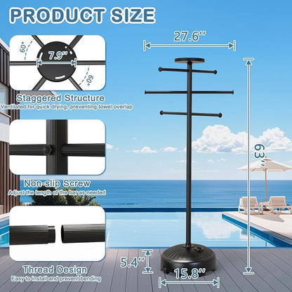 Pool Towel Rack with Wheels and Storage Tray for Indoor Outdoor Use | 6 Adjustable Bars, Storage Tray, Wheels and Fillable Base for Poolside Use.