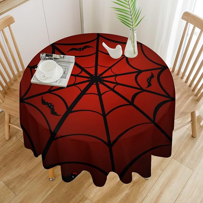 Spider Web Tablecloth, Black Spider Web Bat Red Water Resistant Wipeable Table Cover for Picnic Party Holiday Kitchen Dinner Table 36"