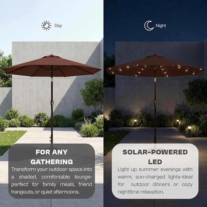 10FT Solar Lighted Patio Umbrella, Outdoor Table Market Umbrellas with Push Button Tilt and Crank, 32 LED Lights, 8 Sturdy Ribs, UV-Resistant for Deck, Garden, Pool