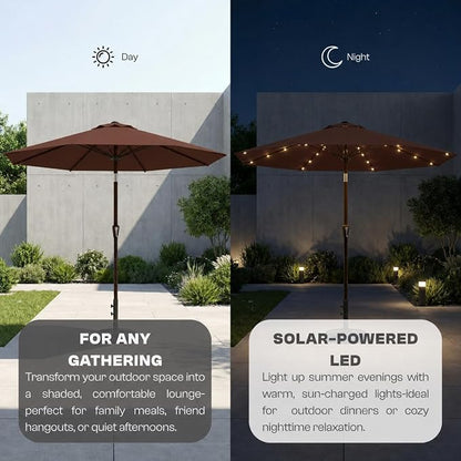 10FT Solar Lighted Patio Umbrella, Outdoor Table Market Umbrellas with Push Button Tilt and Crank, 32 LED Lights, 8 Sturdy Ribs, UV-Resistant for Deck, Garden, Pool