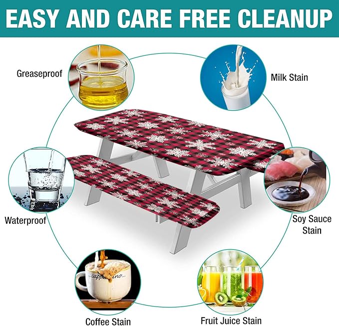 Christmas Picnic Table Cover with Bench Covers, Snowflakes On Buffalo Plaid Background Print Fitted Tablecloth and Seats Cover, 3 Pieces Set, for Travel Spring Picnics Parties Outdoor Use, Black Red