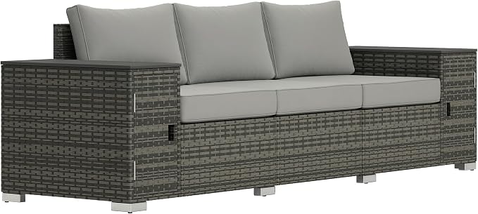 Outsunny 3 Seater Wicker Sofa with 2 Storage Side Tables and Thickened Cushions, Rattan Outdoor Patio Sofa with Wide Armrests, Wicker Outdoor Couch for Porch, Garden, Backyard, Gray
