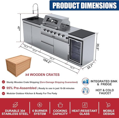 104" Modular Outdoor Kitchen Island, 75,300 BTU 6-Burner 304 Stainless Steel Propane Gas Grill, Prefab BBQ Island Station with Side Burner, Rotisserie Kit, 68L Fridge, Sink & Granite Countertops