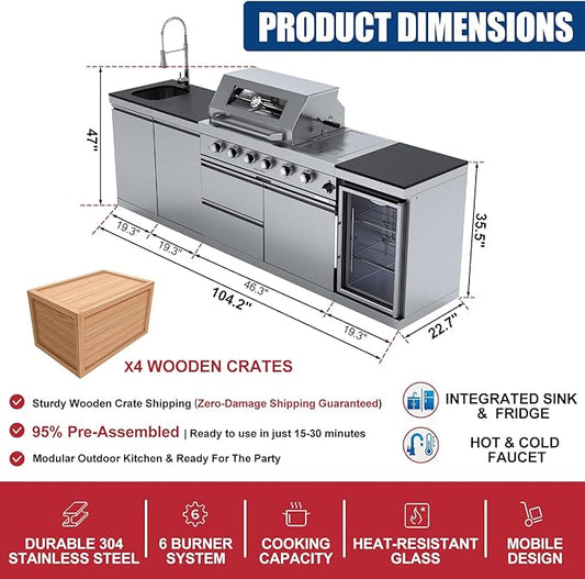 104" Modular Outdoor Kitchen Island, 75,300 BTU 6-Burner 304 Stainless Steel Propane Gas Grill, Prefab BBQ Island Station with Side Burner, Rotisserie Kit, 68L Fridge, Sink & Granite Countertops