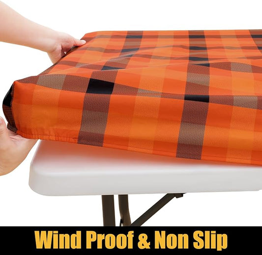 Smiry Rectangle Picnic Table Cloth, Elastic Waterproof Fitted Vinyl Tablecloths, Flannel Backed Buffalo Plaid Table Covers for Dining, Camping, Outdoor (Orange and Yellow, 30" x 72")