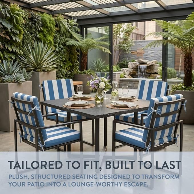 California Umbrella Outdoor Dining Chair, Set of 4 Patio Seat Cushions, 20 x 40 Inch, Premium Outdoor Memory Foam, Fade Resistant, Sunbrella Fabric, Fabric Ties, Cabana Regatta