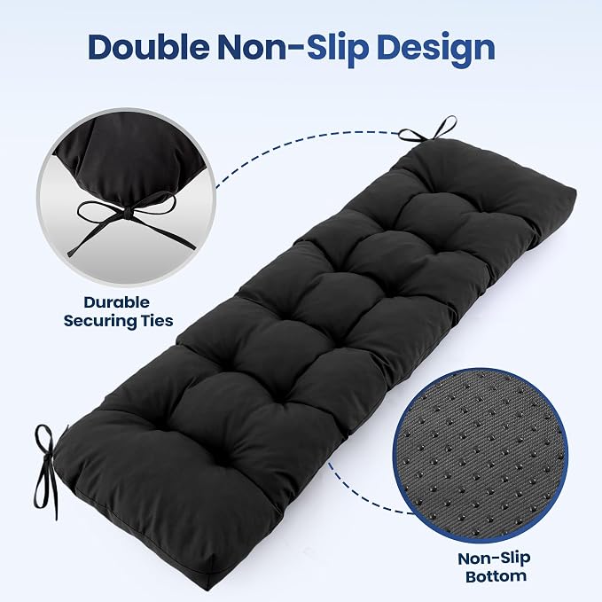IASEAHK Outdoor Bench Cushion 59x18x5 Inch, Waterproof & Fade-Resistant Patio Furniture Cushions, Tufted Memory Foam Indoor/Outdoor Cushions for Couch Swing with Non-Slip Backing & Straps, Black