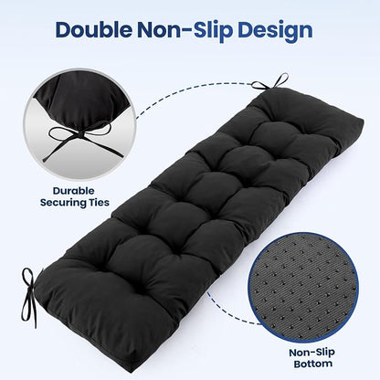 IASEAHK Outdoor Bench Cushion 59x18x5 Inch, Waterproof & Fade-Resistant Patio Furniture Cushions, Tufted Memory Foam Indoor/Outdoor Cushions for Couch Swing with Non-Slip Backing & Straps, Black