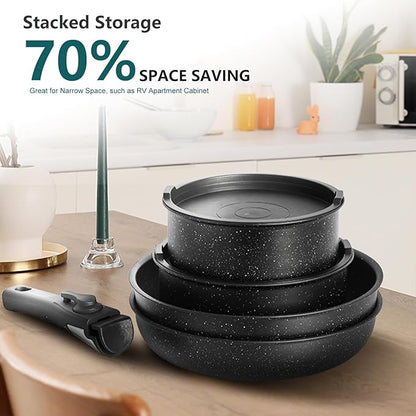 12-Piece Nonstick Cookware Set, Detachable Handle Kitchen Pots and Pans, Induction Compatible, Dishwasher & Oven Safe, Space-Saving, Black
