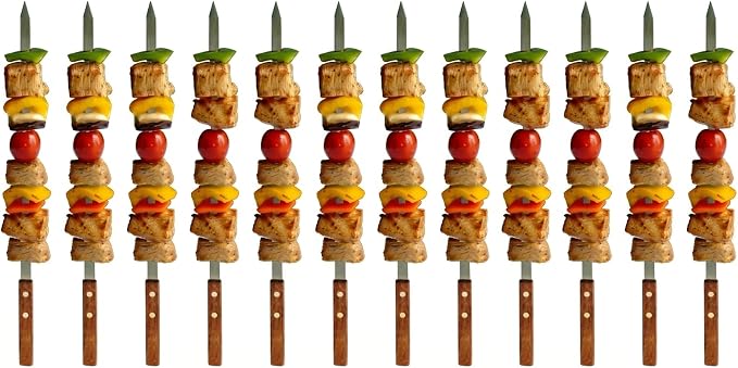 Kabob Skewers for Grilling – 1" Wide, 24" Long Flat Stainless Steel BBQ Skewers with Wood Handle | 1 FREE Skewer | Shish Kebab for Persian, Brazilian, Koubideh (12pcs)