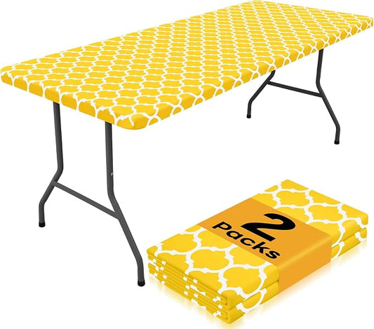 Smiry 2 Pack Rectangle Table Cloth 8 Foot, Waterproof Elastic Fitted Tablecloths, Windproof Washable Polyester Table Cover for Picnic, Camping, Outdoor (Yellow, 30"x96")