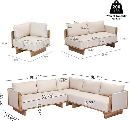 Merax 3 Piece Patio Outdoor Furniture Set, All-Weather V-Shaped Sectional Sofa with Cushions, Acacia Wood 5-Seater Couch Set for Porch, Lawn, Backyard, Balcony, Light Teak+ Beige