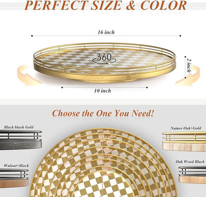 AMH 16-Inch Gold and White Checkerboard Lazy Susan with Rubberwood Base | Smooth rotating oak tray with walnut finish for dining tables, kitchen counters, pantries and cabinet storage.