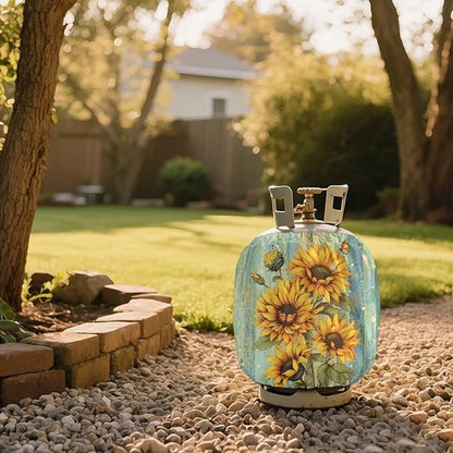 Rv Propane Tank Cover 20 lb Sunflower Wood Print Gas Tank Cover Outdoor 600D Heavy Duty Waterproof Covers Fits Standard 20 lb Cylinder, 13.7'' x 16.5''